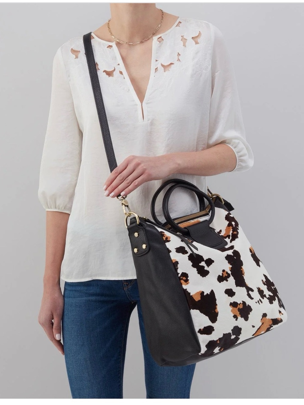 HOBO Sheila Large Satchel In Hair-On Leather; Cow Print Black And Brown - Picture 5 of 11